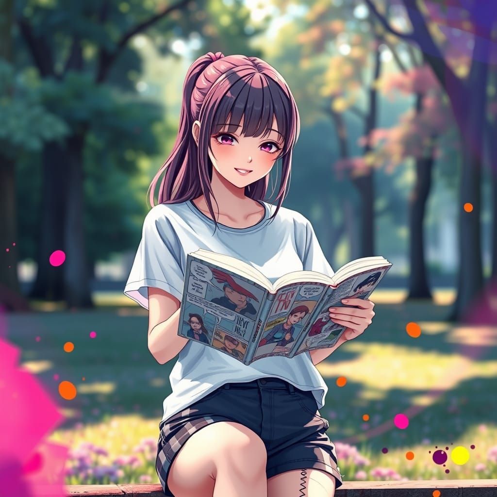 Woman Reading Comic Book in Park, 3D Anime Art
