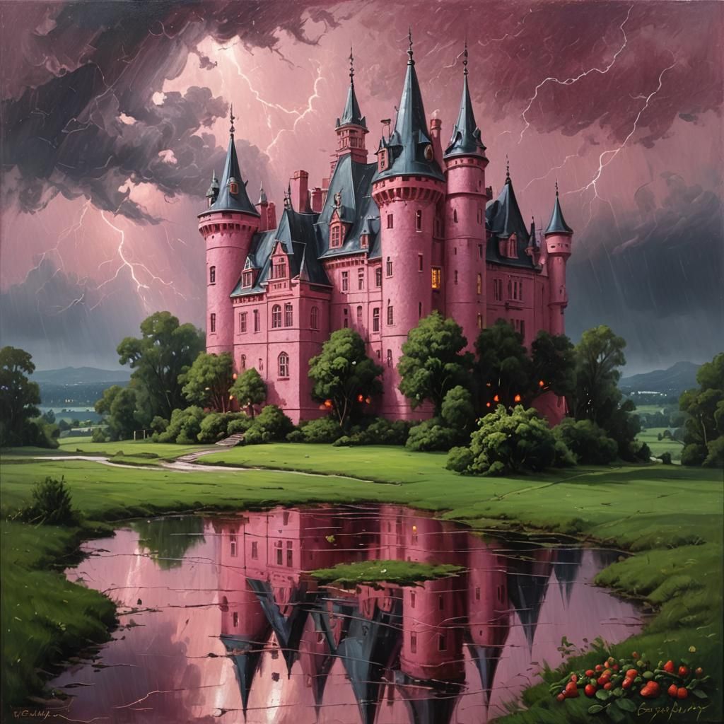 Strawberry Castle Mansion in Storm, Oil Painting Style