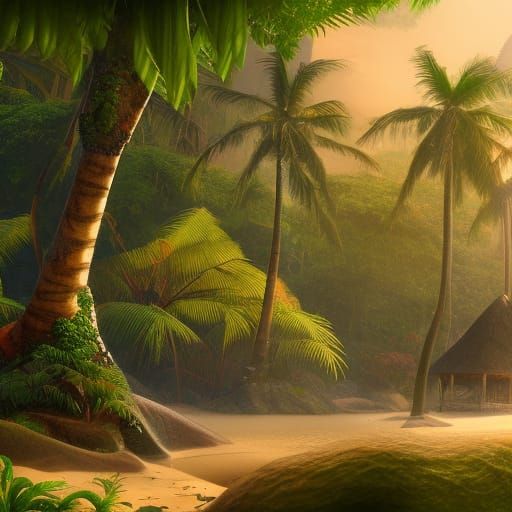 Lush Jungle Island Hut: Matte Painting Style