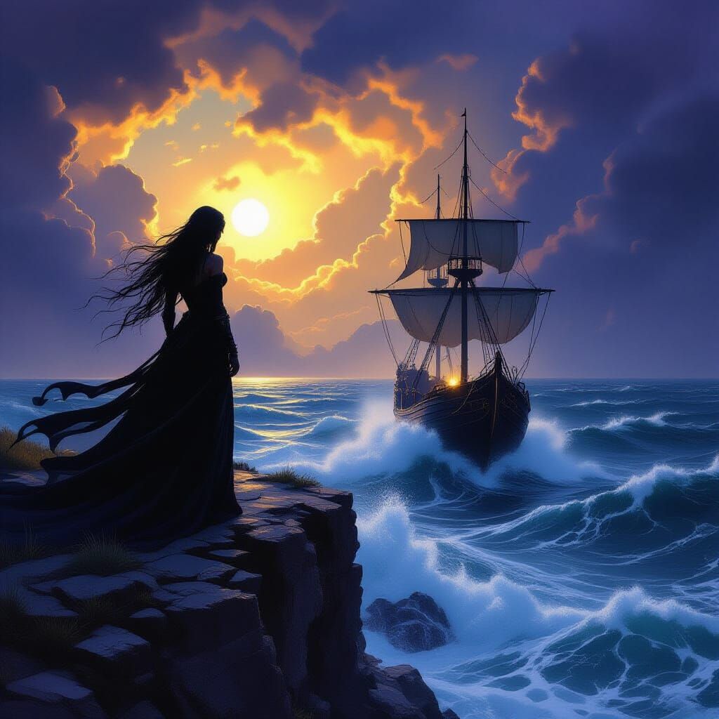 Dark Siren on Cliff Above Stormy Sea