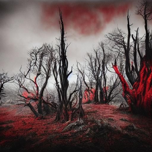 Dark Fantasy Landscape with Glowing Eyes and Ink Splatters