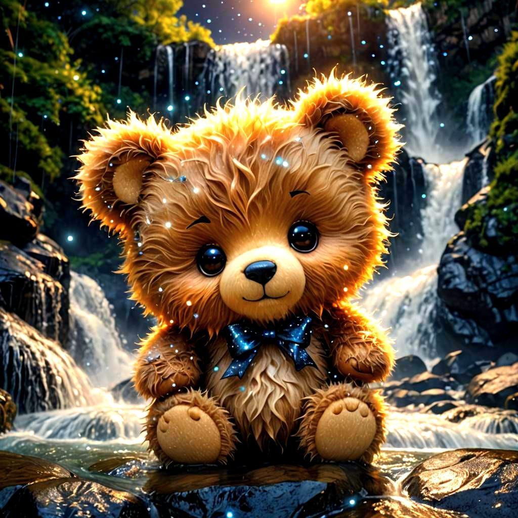Chibi Constellation Bear Above Bioluminescent Waterfall