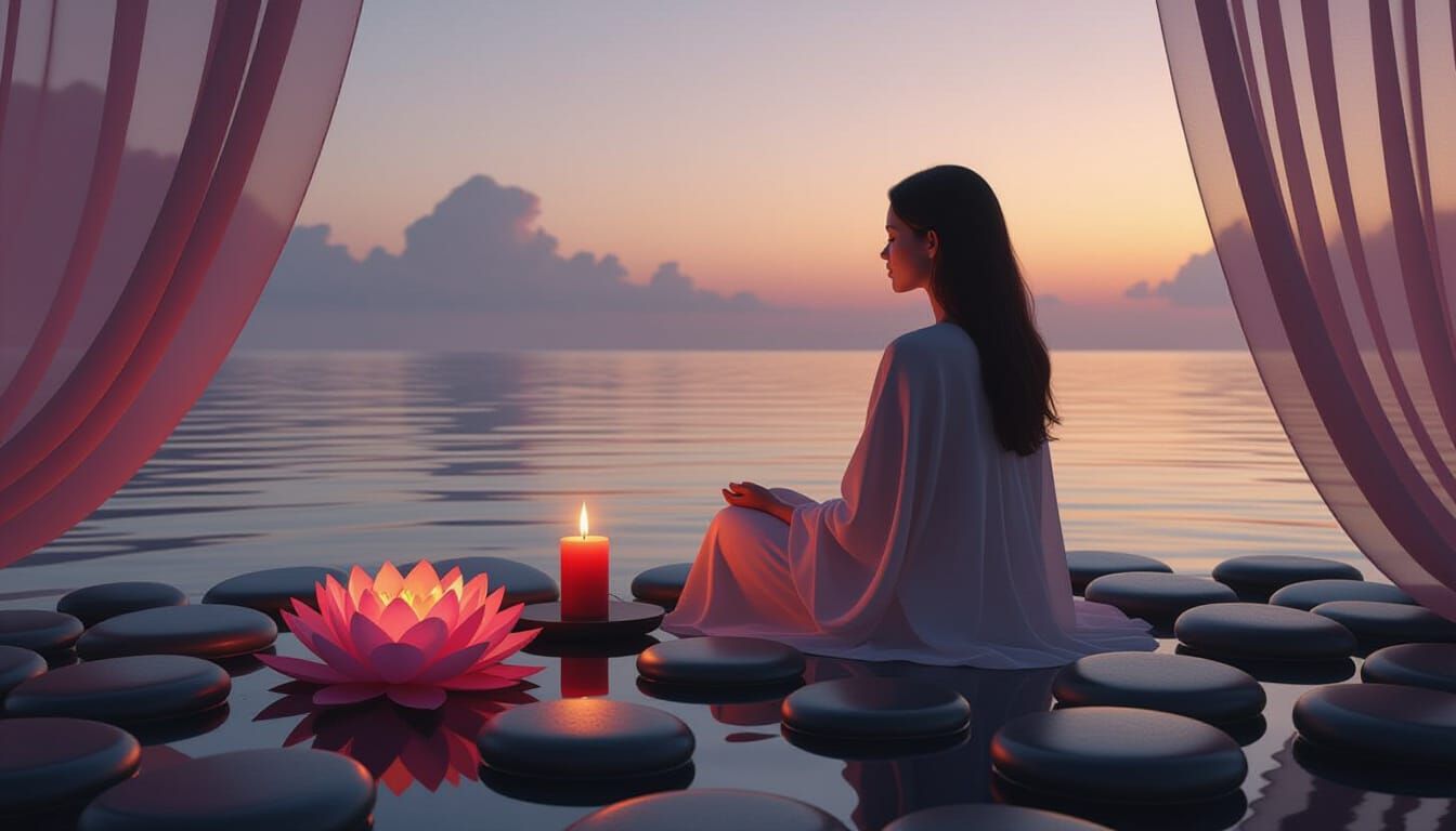 Serene Sanctuary: Lotus, River Stones, and Candlelit Glow