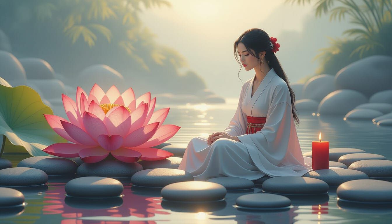 Serene Sanctuary: Lotus, River Stones, and Warm Candle Glow