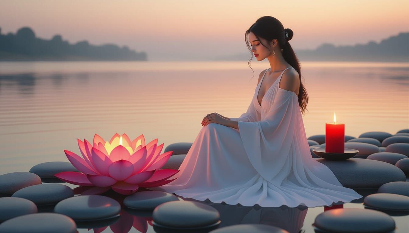 Serene Woman by Lotus with River Stones, Warm Glow
