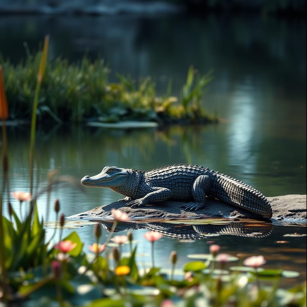 Alligator in Pond with Flowers, Photorealistic Luminism