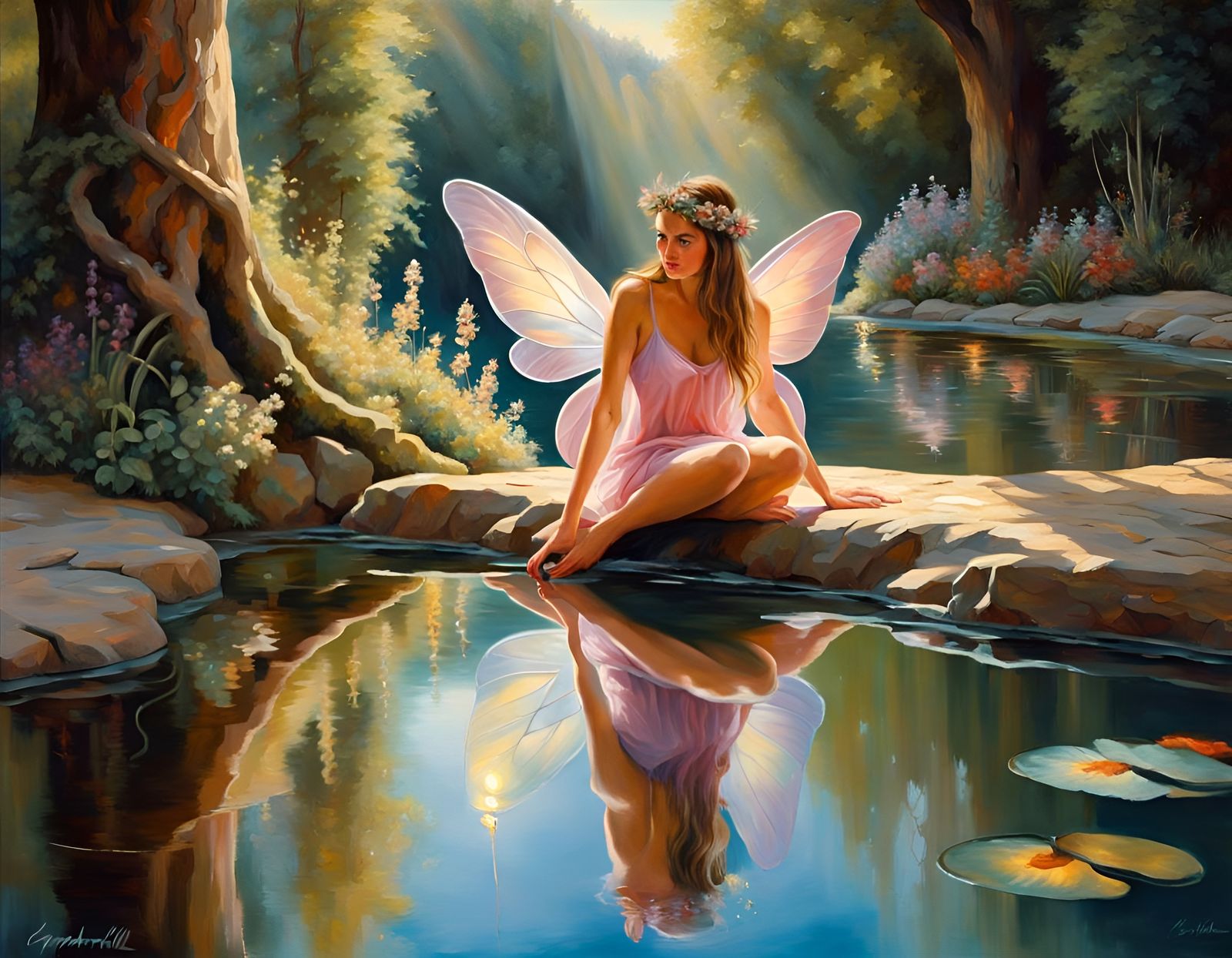 Fairy Reflecting in River: Hyperrealistic Digital Art