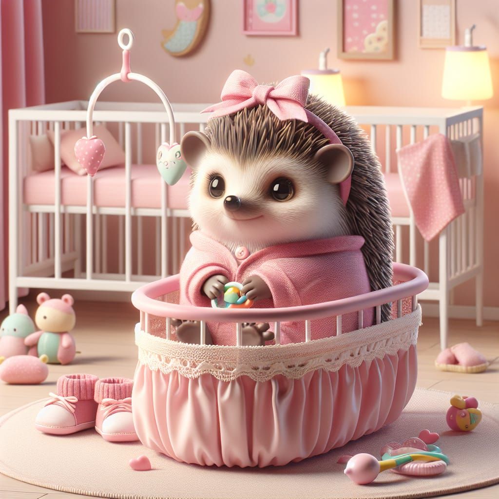 Disney Pixar style 3D absolutely adorable baby hedgehog, wearing a pink bow and booties, in a baby bassinet, covered wit...