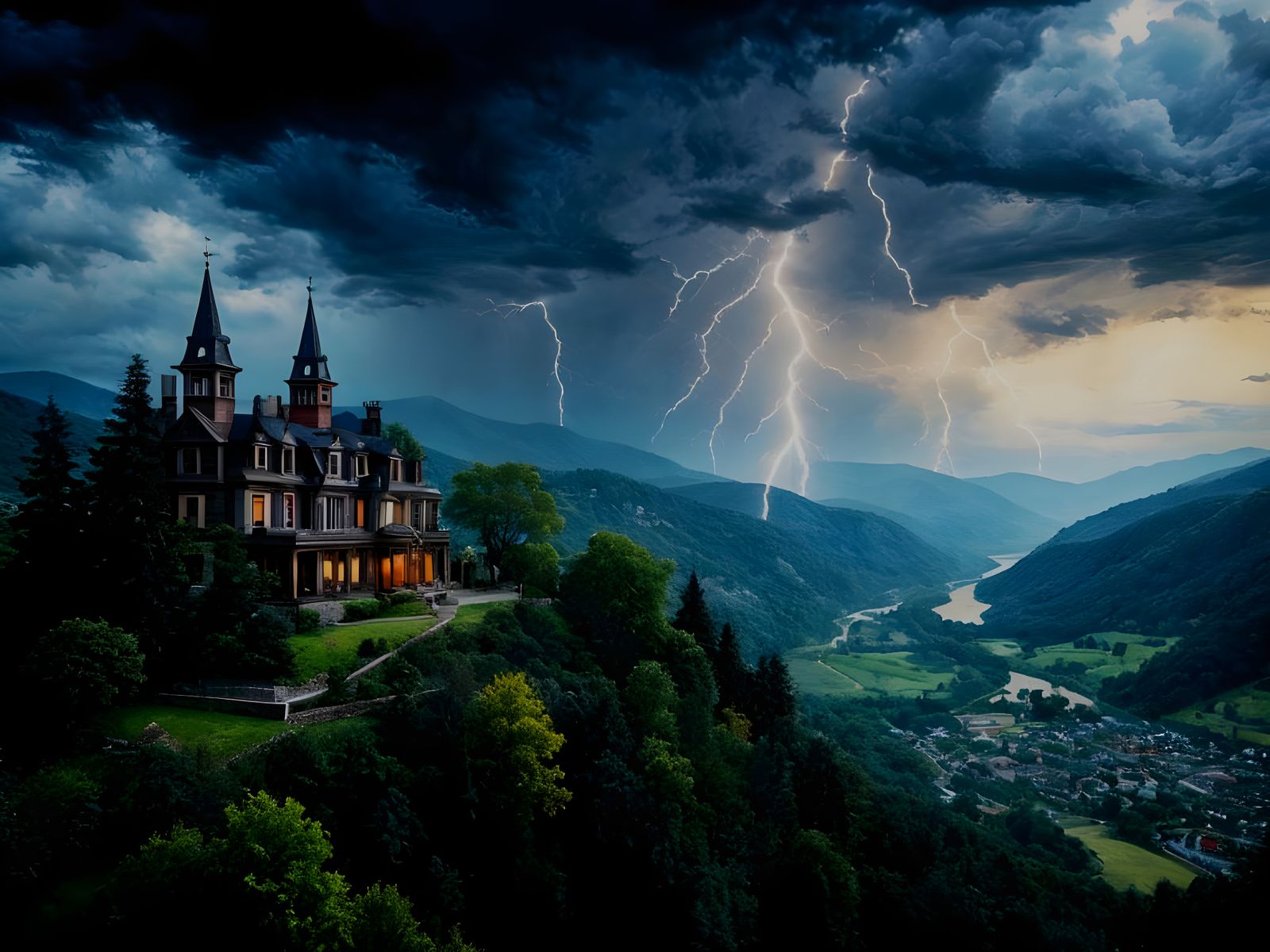 Mansion on the hill overlooking the village thunderstorm