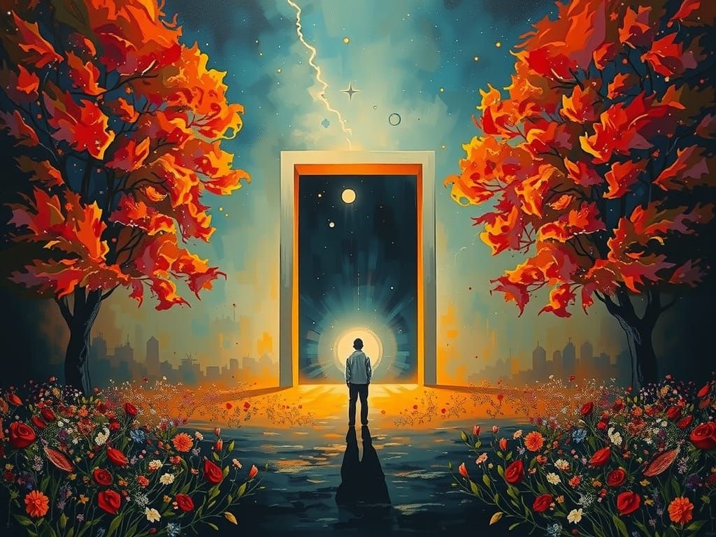 Mystical Portal in Void, Mixed Media Painting