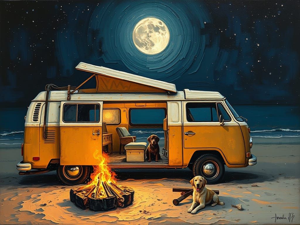 VW Campervan Bonfire Beach Night: Expressionist Encaustic Pa...