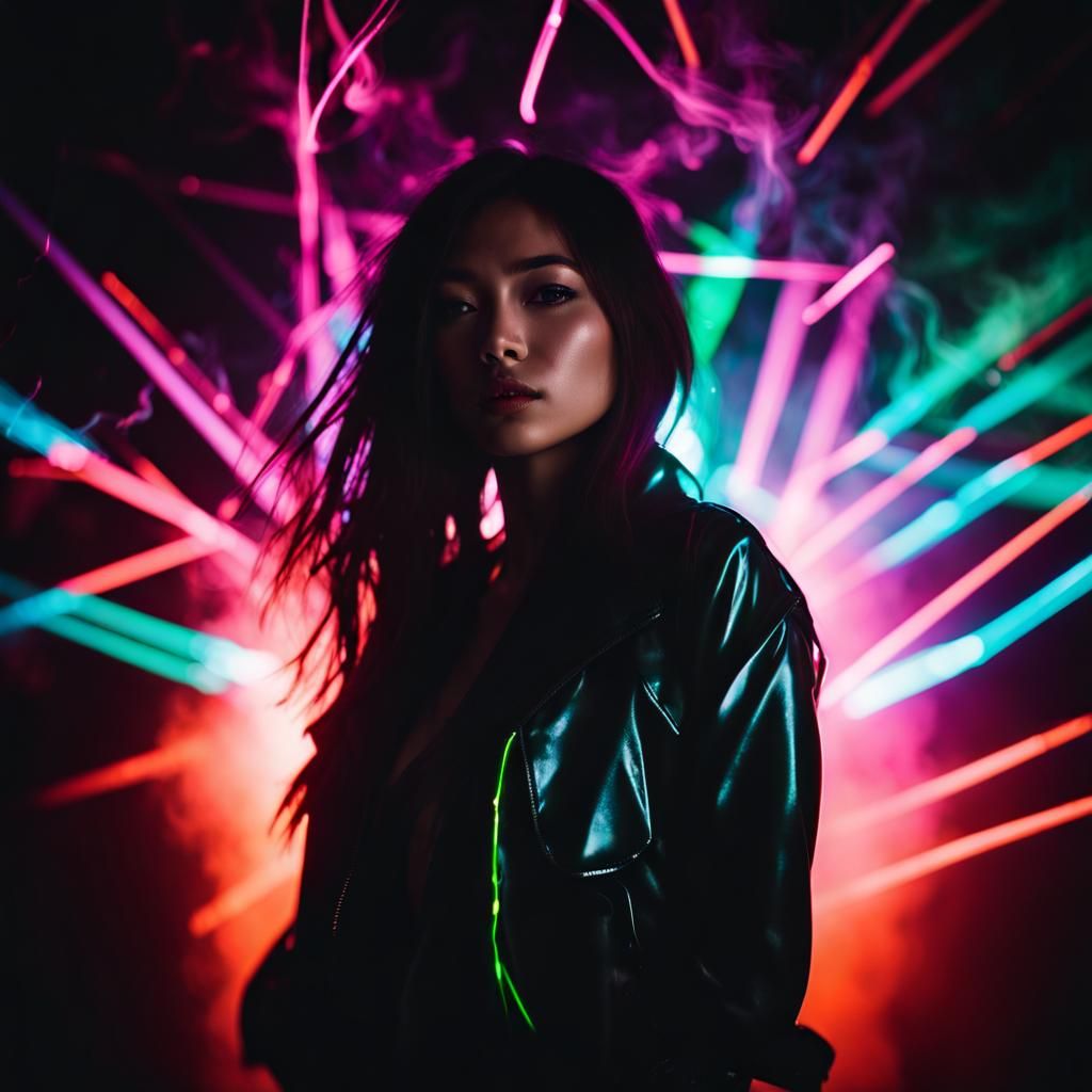 Neon Goddess Ascending in the Dark