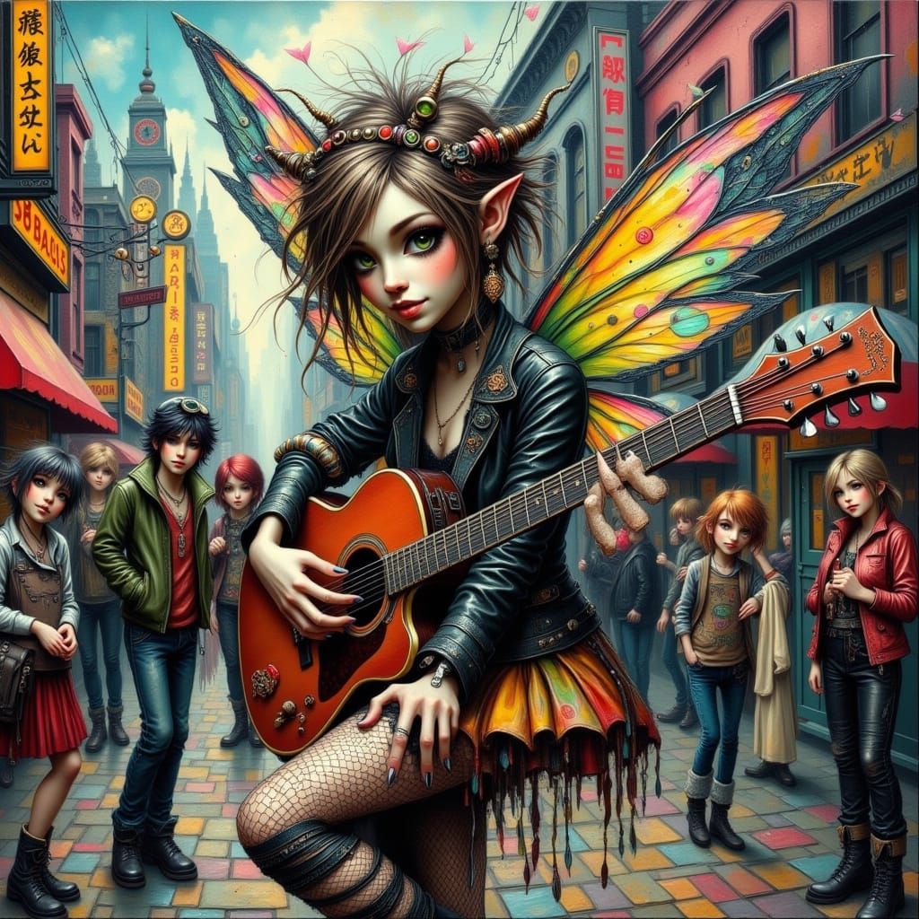 Punk Rock Fairy Plays Guitar on Busy Street Corner