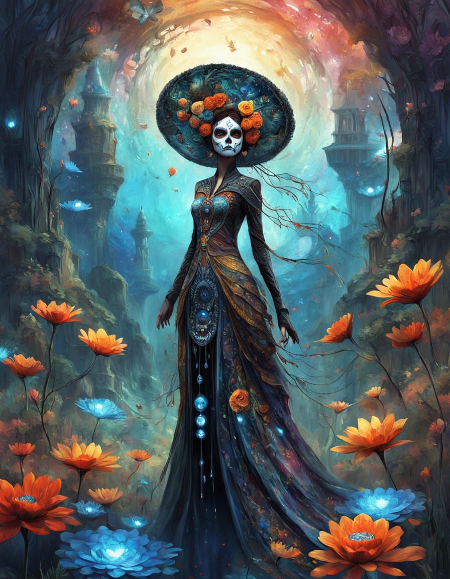 Catrina Figure with Binary Code in Ethereal Landscape