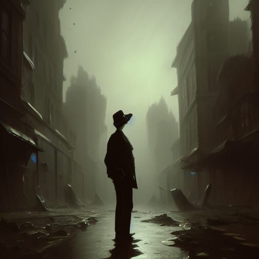 Man in Mirror with Shadow Hat: Dark Fantasy Art