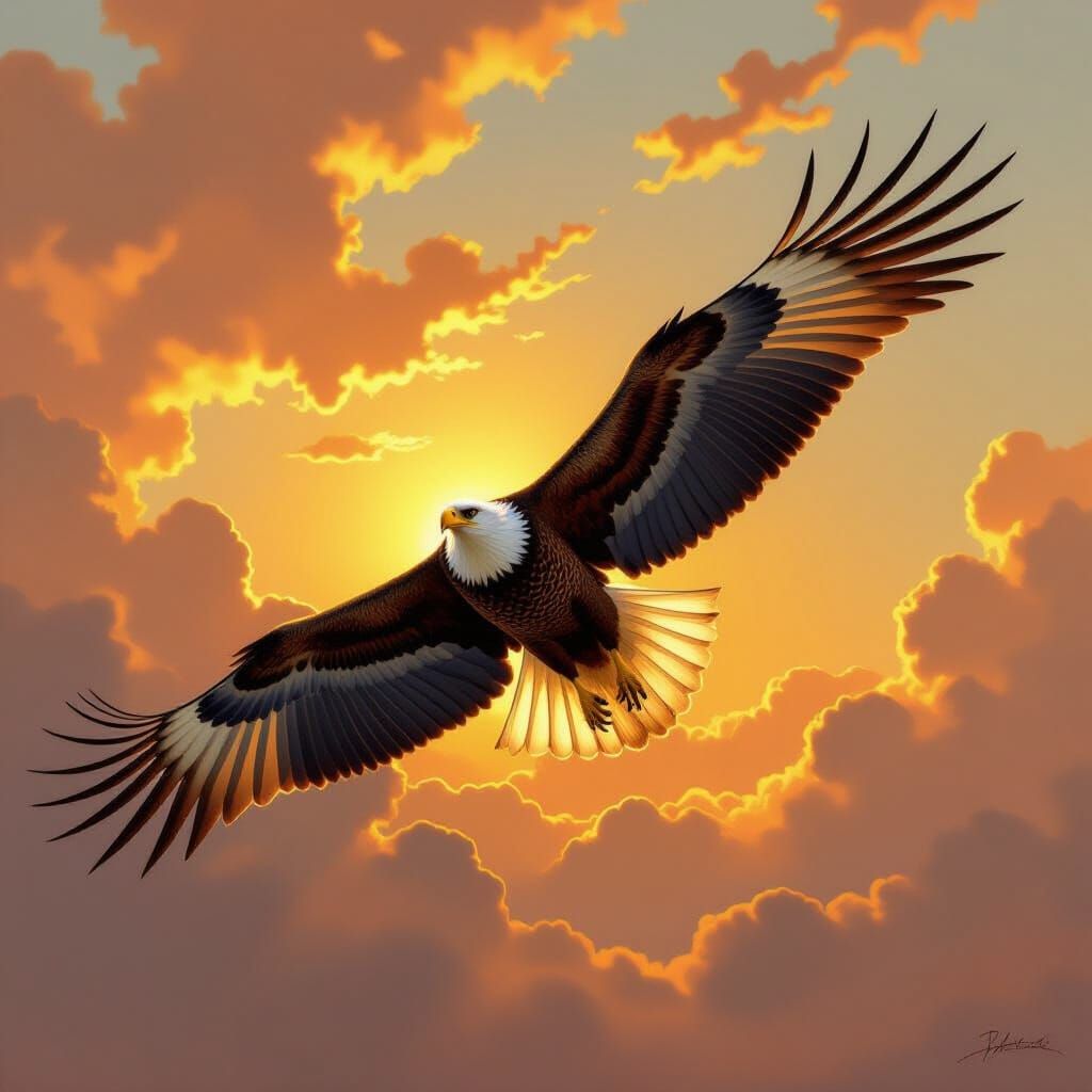 Majestic Eagle Soaring in Golden Hour Sky Oil Painting