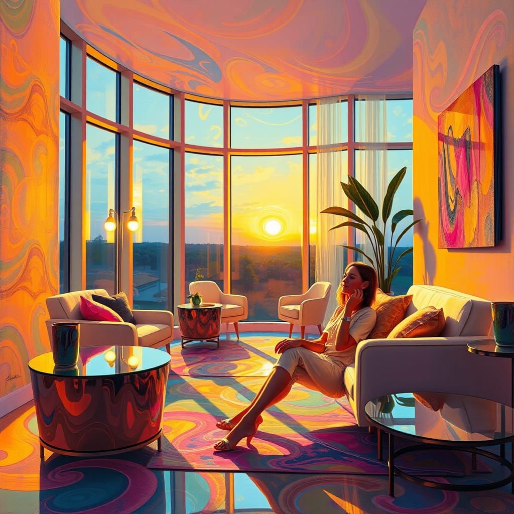 Vibrant Sunset Scene in a Modern, Abstract Interior