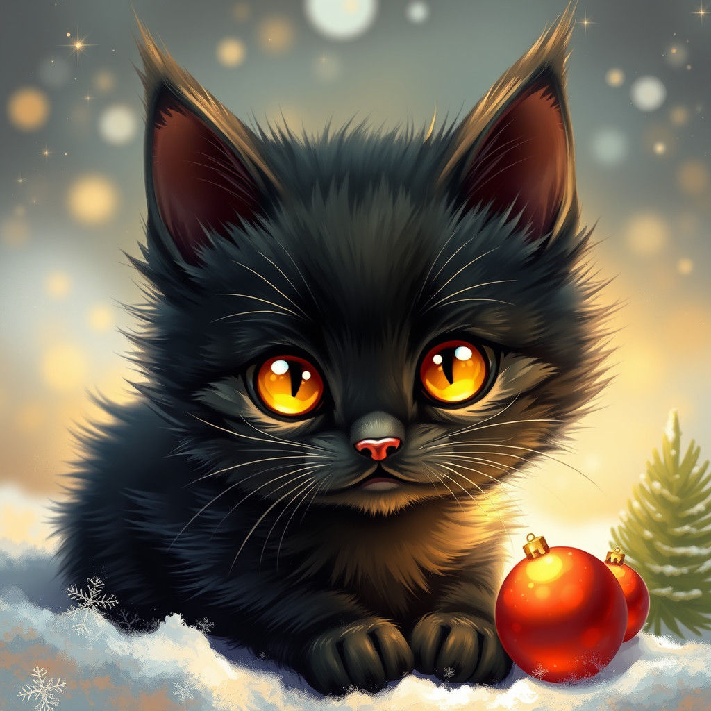 Cute Christmas Kitten in Kawaii Style