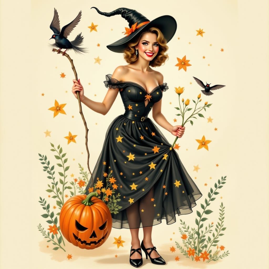 Pin-Up Witch Halloween Watercolor Illustration