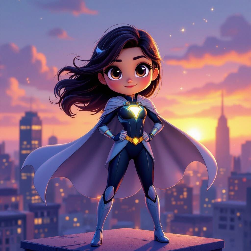 Heroic City Rooftop Sunset in Disney Pixar Style