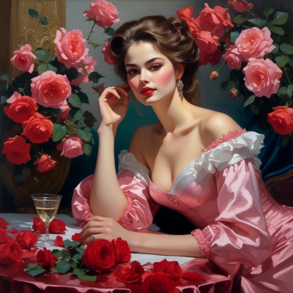 Woman in Abundance of Roses, Renaissance Style