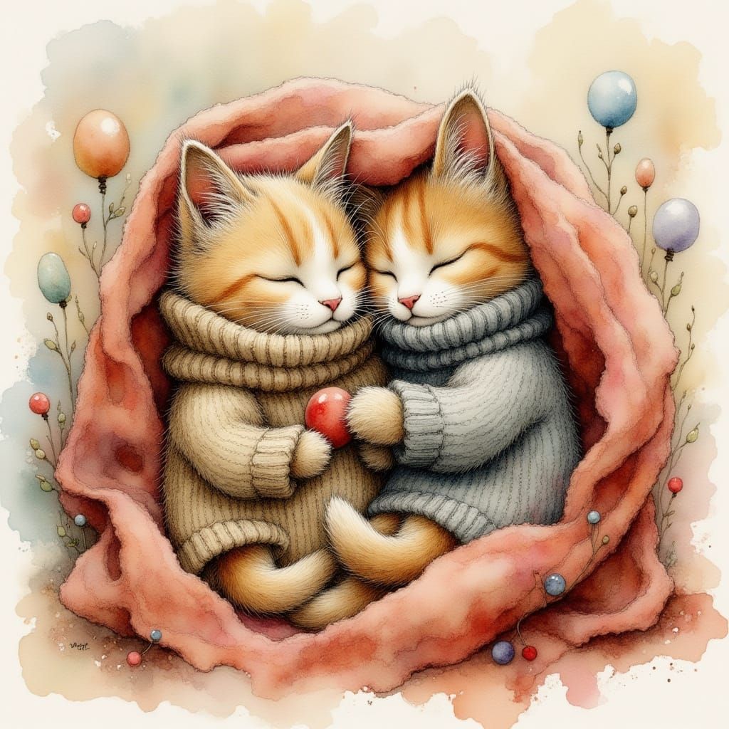 Cats Snuggling in Sweaters: Whimsical Illustration