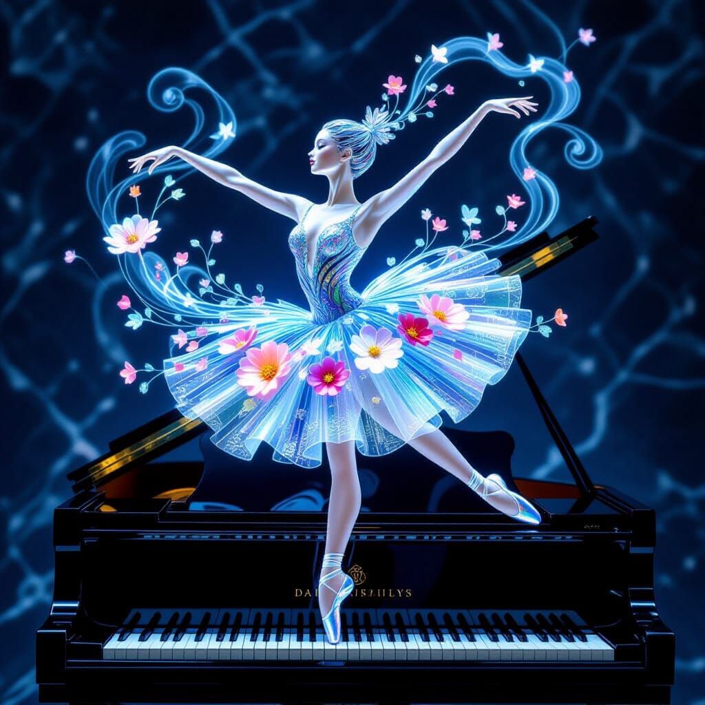 Holographic Ballerina in Crystal Dress on Piano