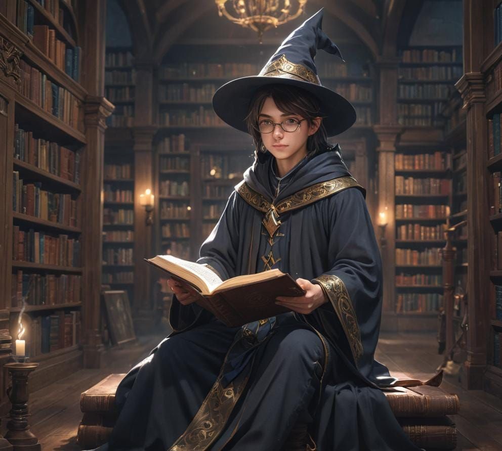Young Wizard Reading Magic Book in Library