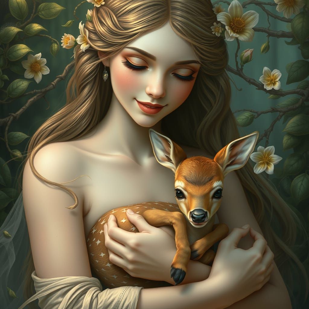 Forest Goddess with Fawn: Ethereal Digital Art