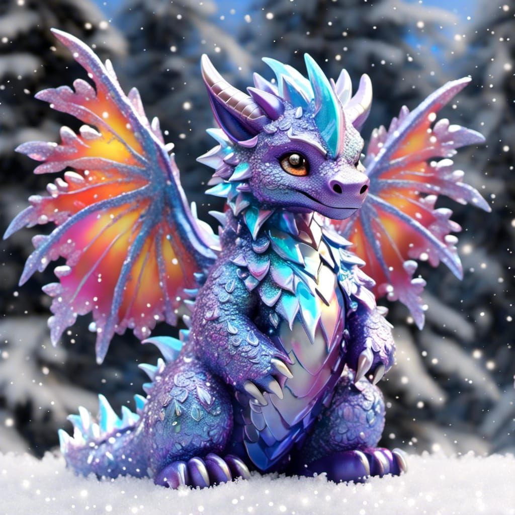 Iridescent Chibi Dragon with Fluffy Fur and Snowflakes