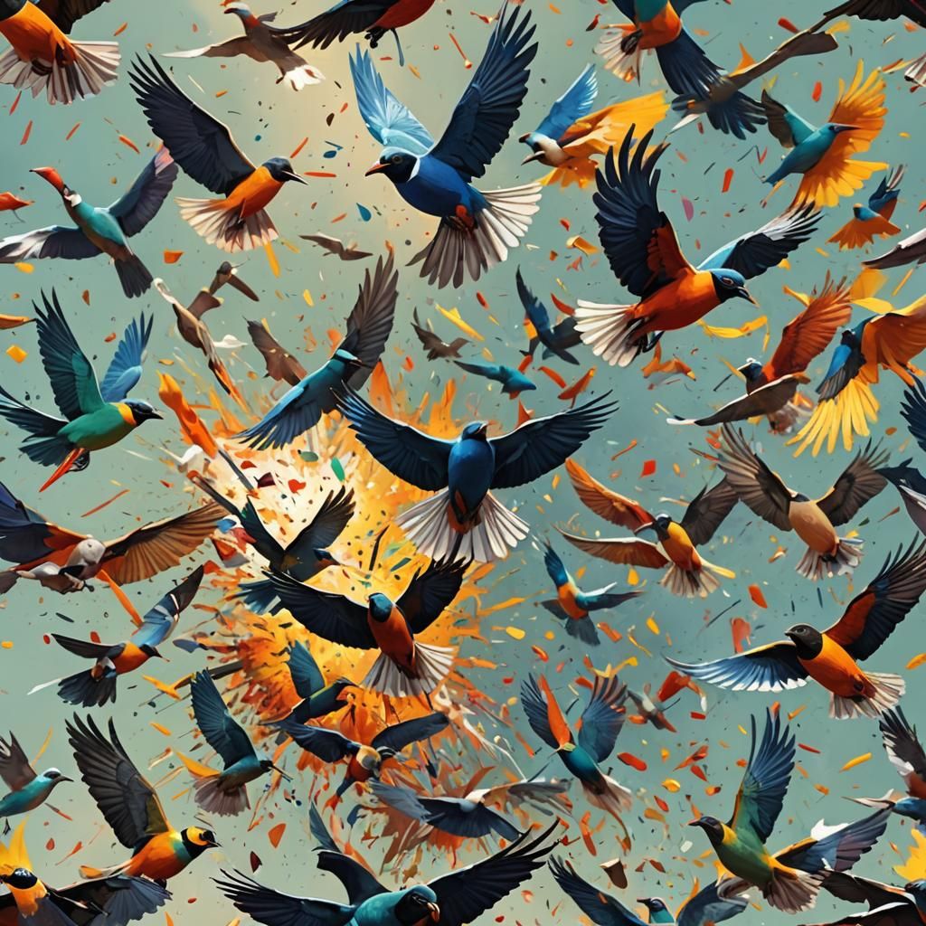 Explosion of Birds: Hyperrealistic Splash Art