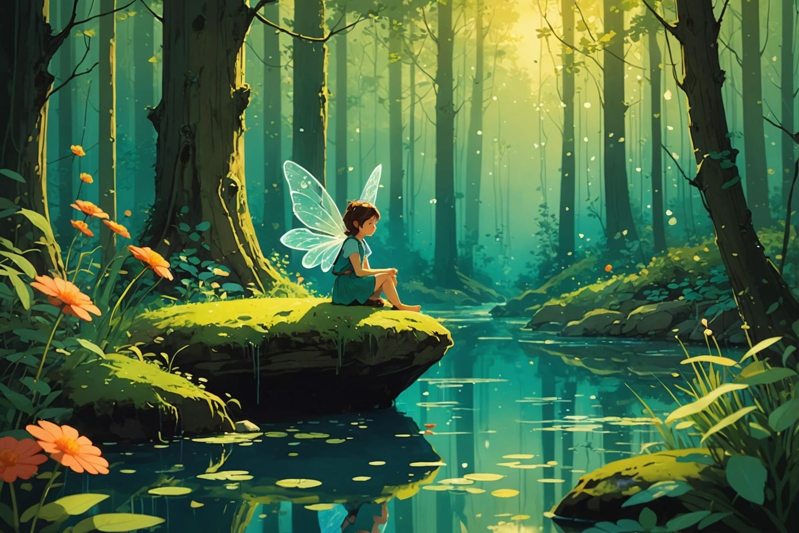 Cute Fairy in Magic Forest, Ghibli-Style Watercolor