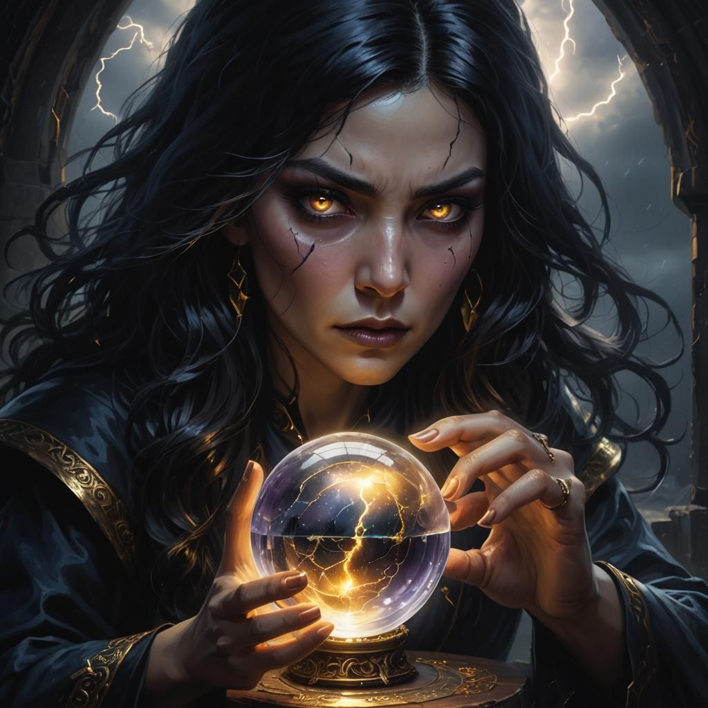 Black-Haired Witch Gazing into Crystal Ball