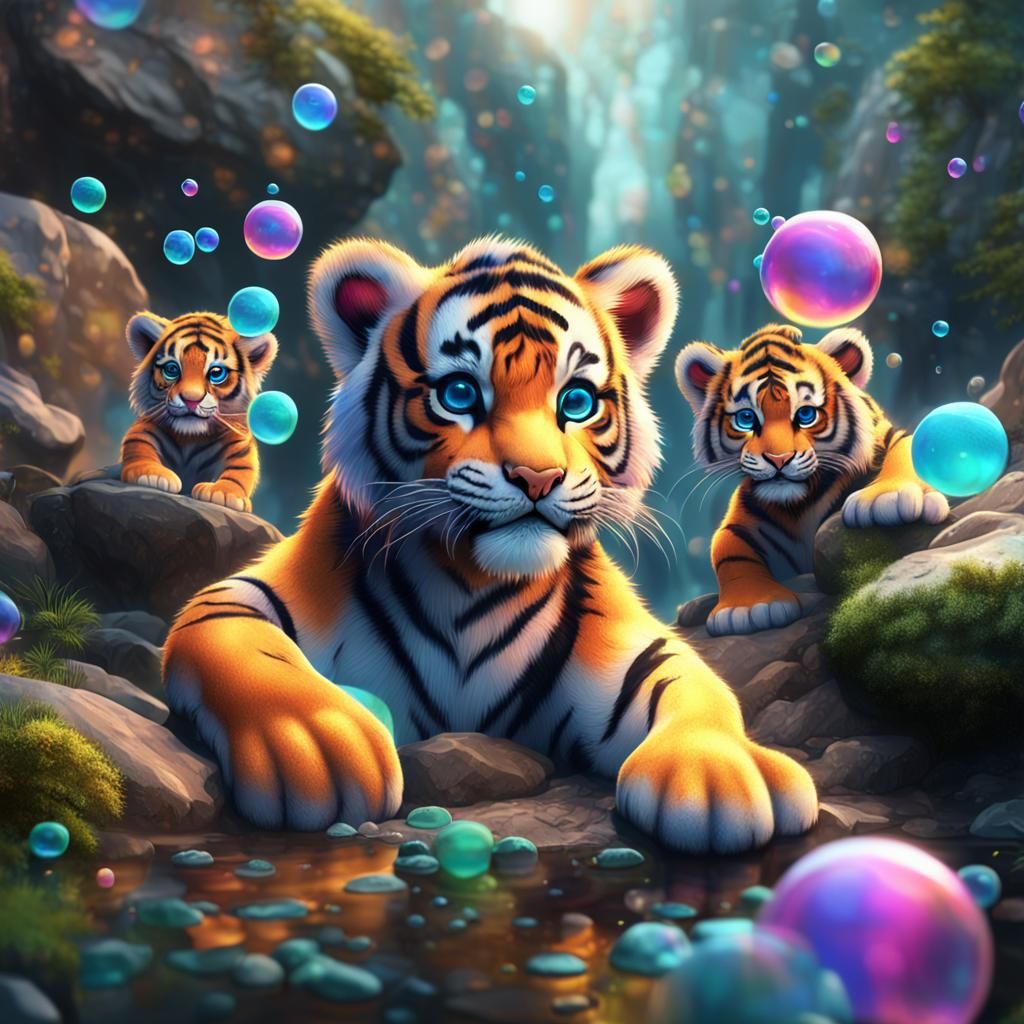 Tiger Cubs Playing with Colorful Bubbles