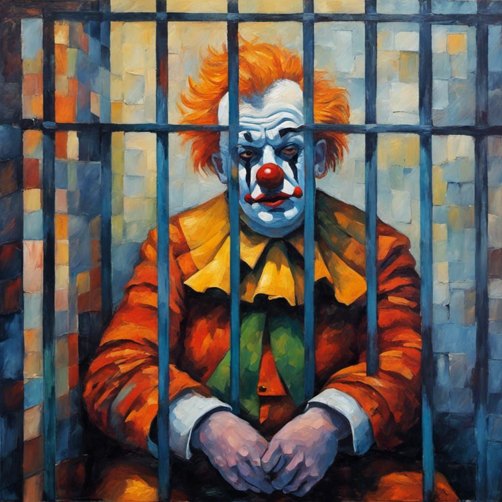 Sad Trump Clown in Jail: Expressionist Oil Painting