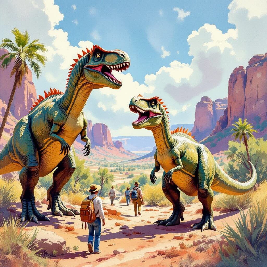 Dinosaurs Roam Modern World in Gouache Style