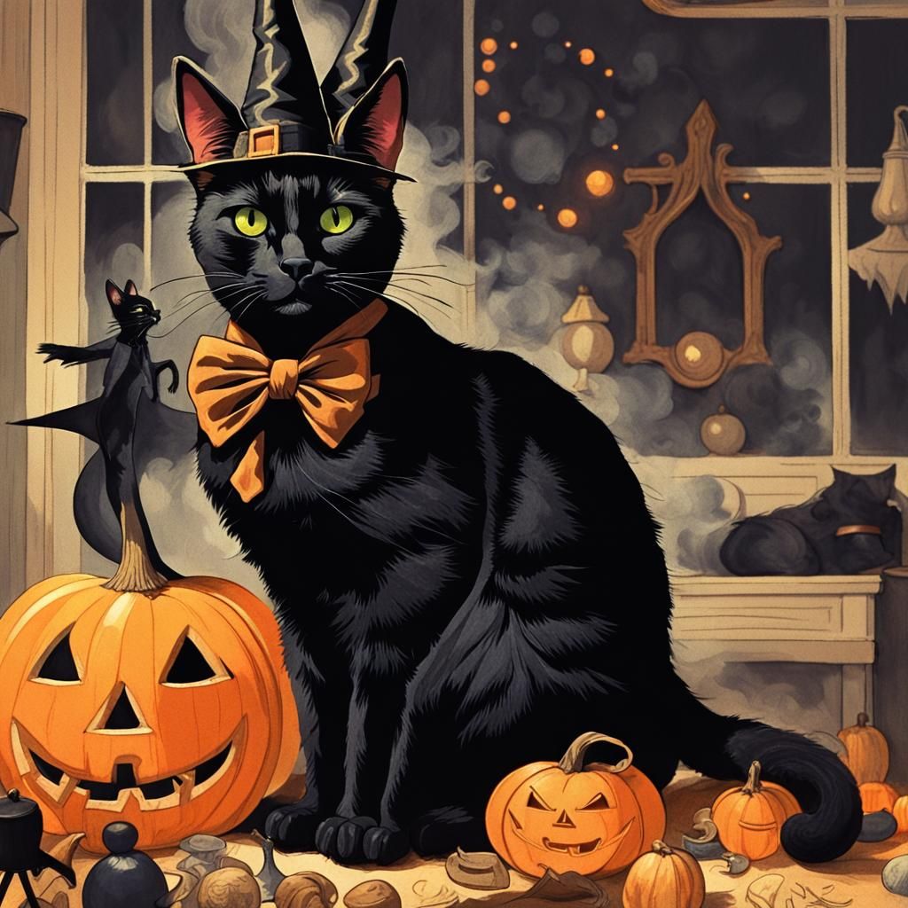 Black Cat in Witch Hat: Retro Halloween Illustration