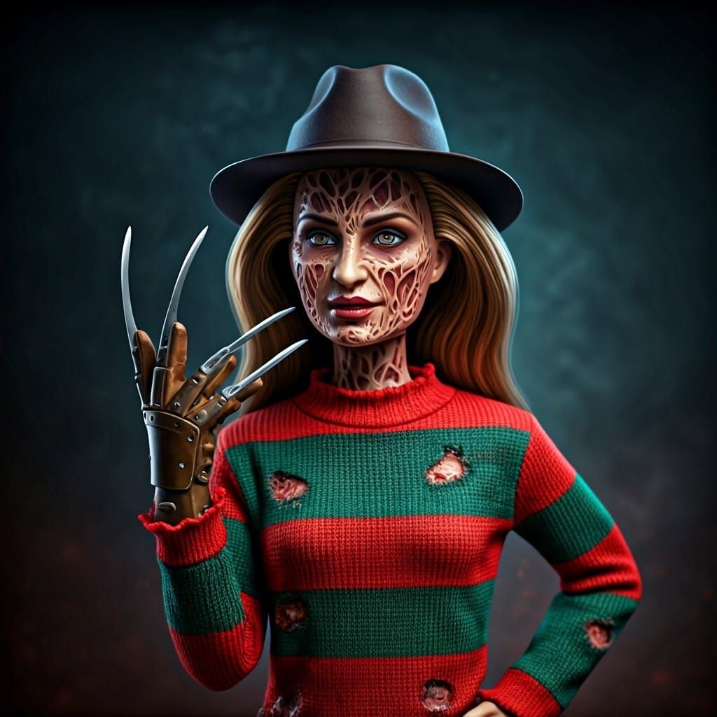 Female Freddy Krueger Barbie Doll in Dark, Photorealistic Po...