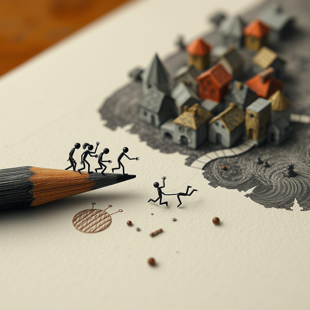 Miniature Stick Figure Village on Pencil Graphite