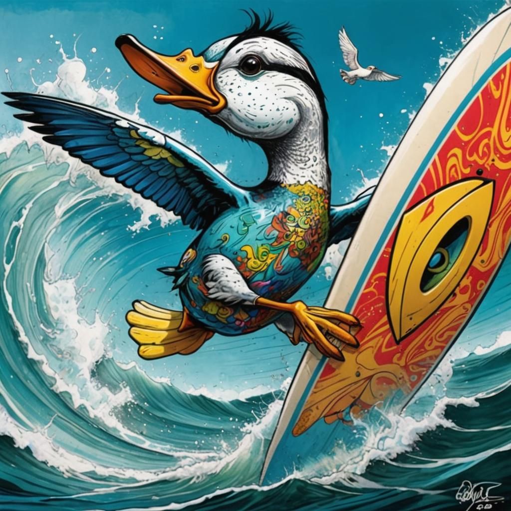 Surprised Duck Surfing in Olympics: Caricature Art