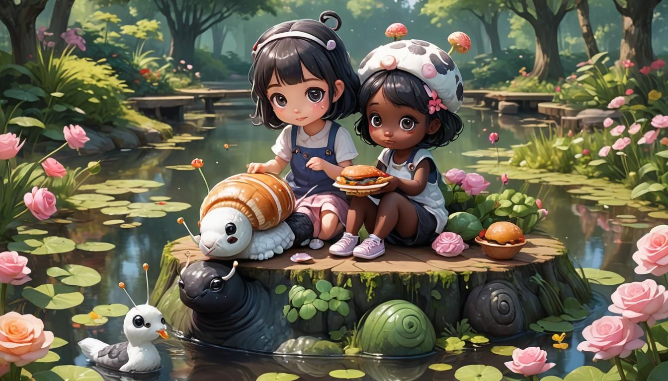 Girls Riding a Snail with Abstract Peacock
