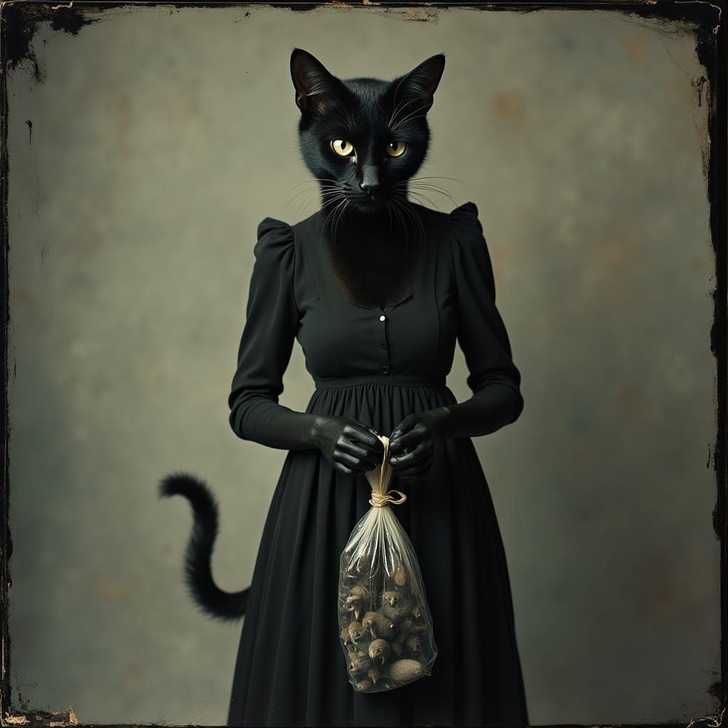 Surreal Woman in Black Dress Holds Bag of Mice