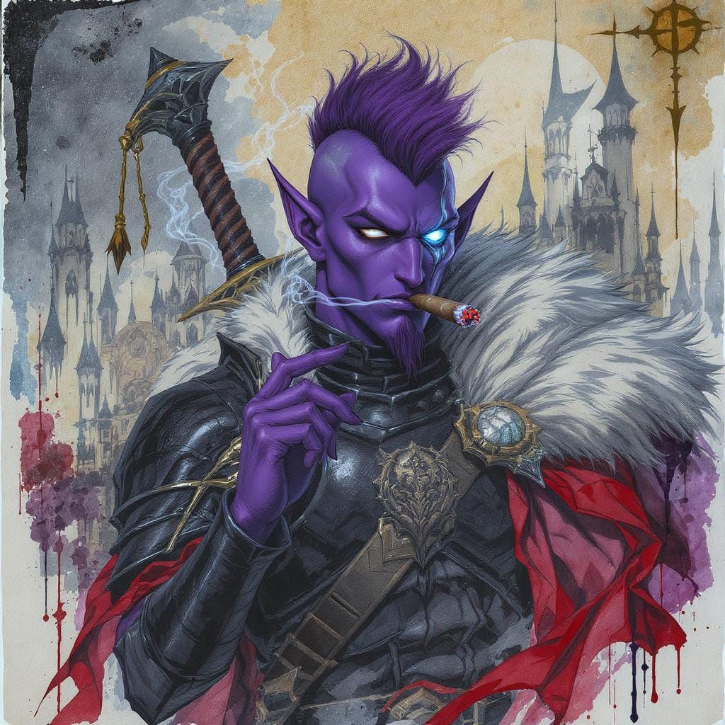 Tiefling in Gothic City, Charcoal and Watercolor Style