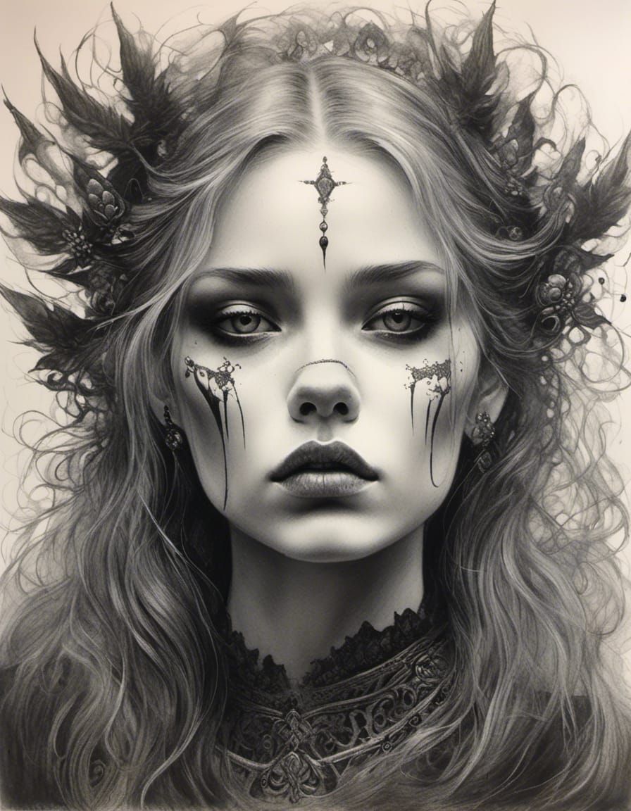 Gothic Tattooed Pin-Up in Charcoal Portrait