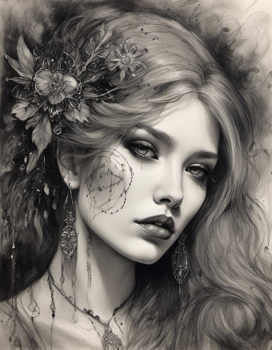 Goth Pin-up Model in Charcoal Drawing Portrait