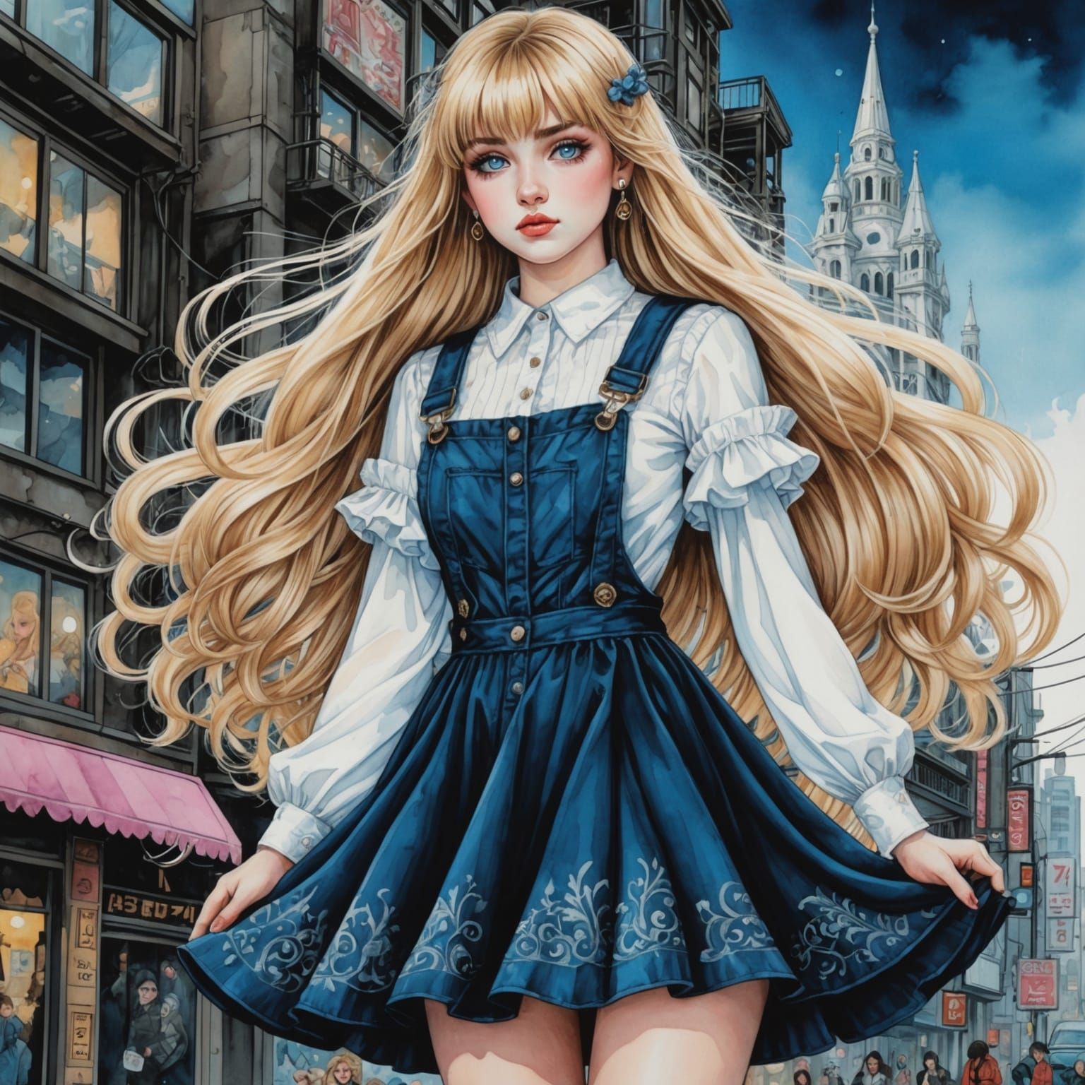 Gothic Heartpunk Girl in Watercolor and Ink Style