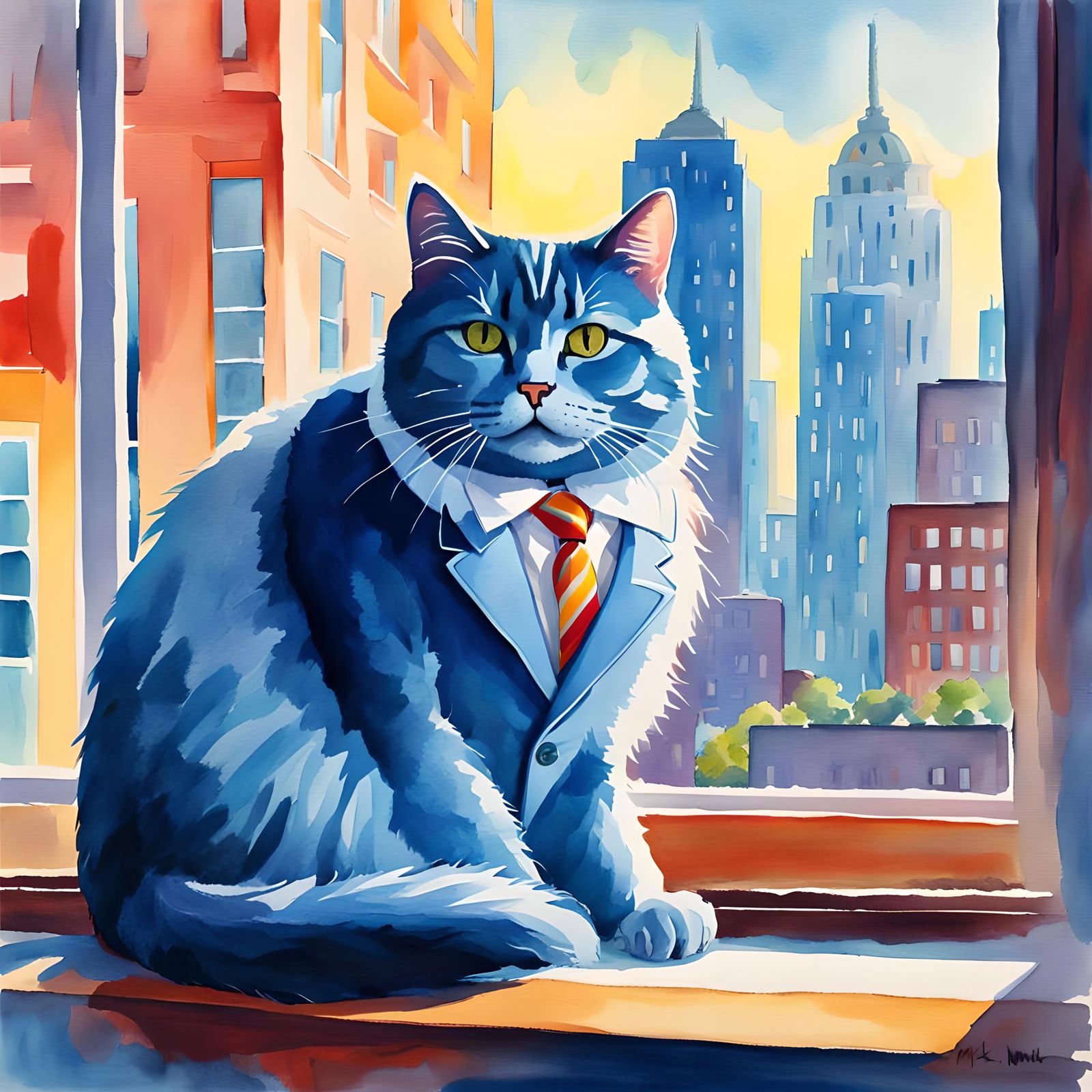 Surreal Watercolor Portrait: Blue Cat in Office