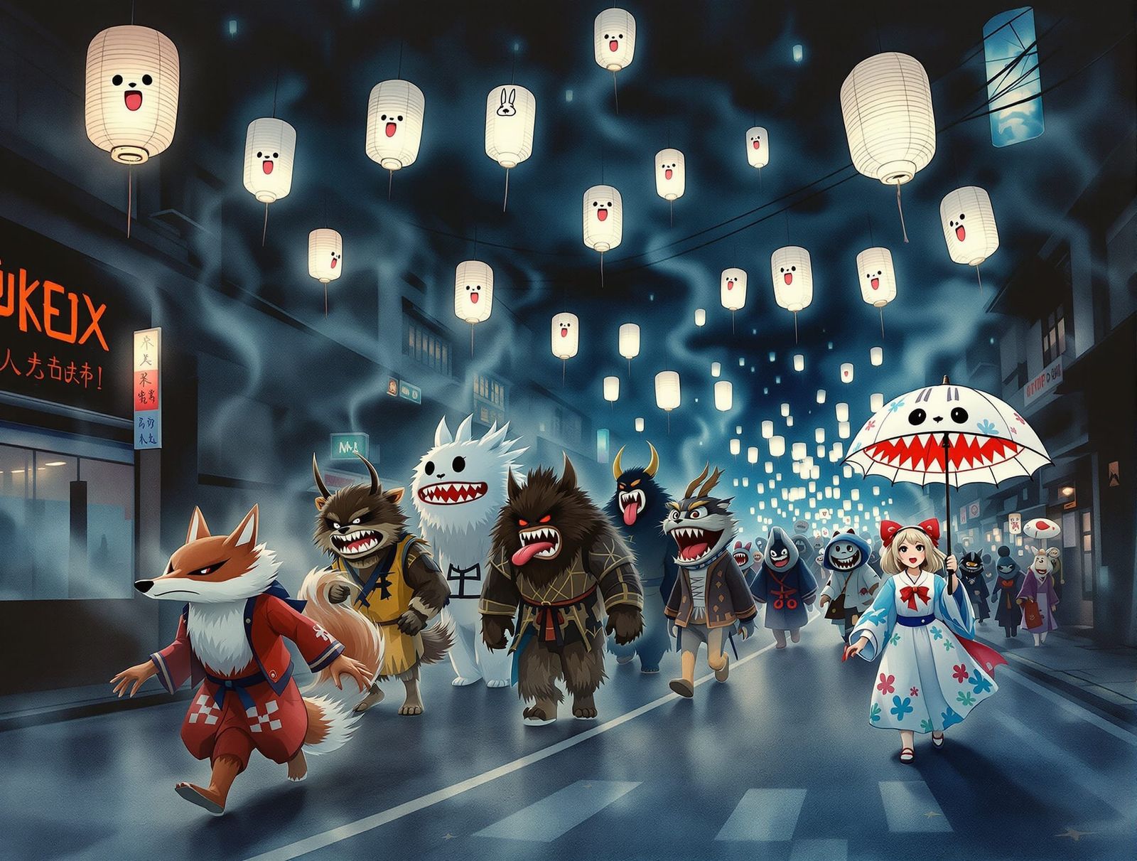 Yokai Parade in Modern City, Ukiyo-E Style