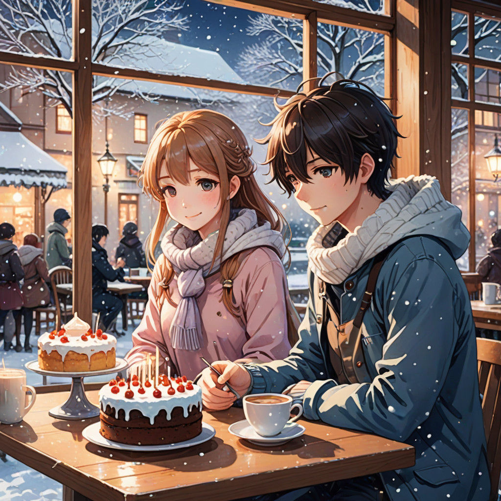 Winter's Cozy Moment: Teenagers Share Cake in Soft Lighted C...