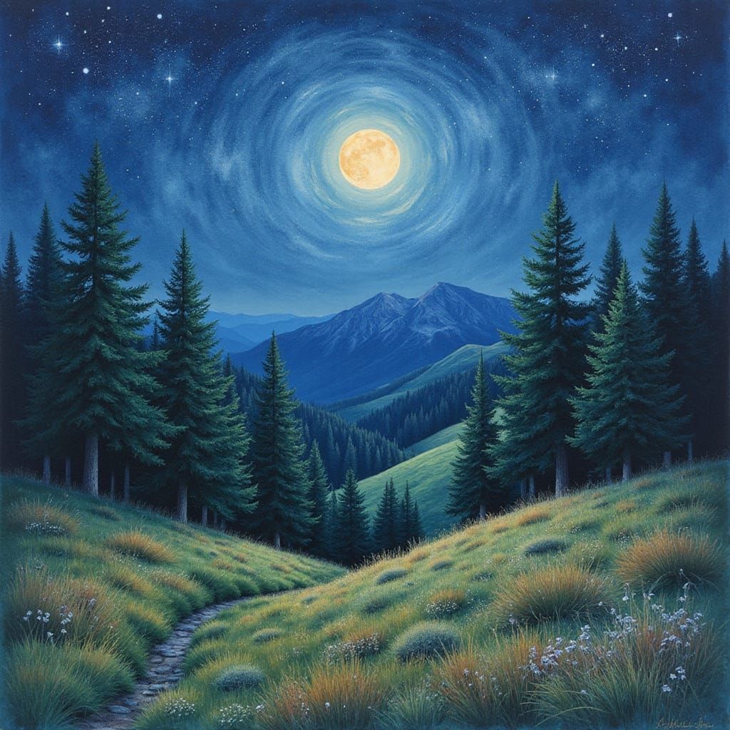 Starry Night Over Forest Hills in Watercolor Style